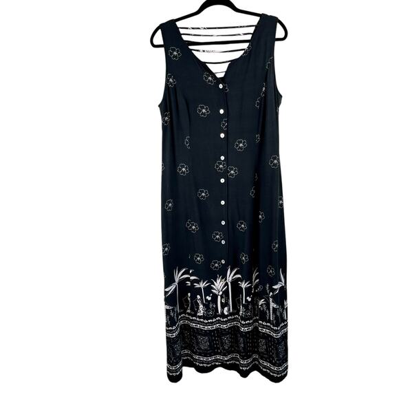 Vintage R&K Black White Floral Graphic Button Front Sleeveless Midi Dress 14/L - Picture 1 of 14